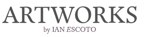 The text 'ARTWORKS' in large gray serif letters with 'by IAN ESCOTO' underneath on a white background.